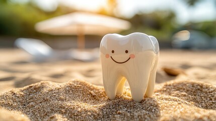 Smiling cartoon tooth on sandy beach under the sun