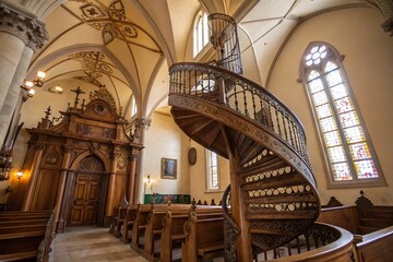 Obraz premium Loretto Chapel Staircase: Intricate Spiral Architecture, New Mexico Landmark, High-Resolution Stock Photo