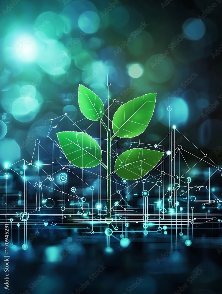Poster Futuristic Technology and Nature Concept with Green Leaves and Digital Network Connections : Generative AI
