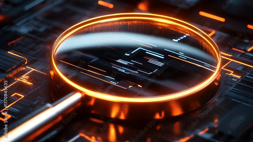 Leinwandbilder Macro View of Circuit Patterns with Illuminated Magnifying Glass Effect : Generative AI