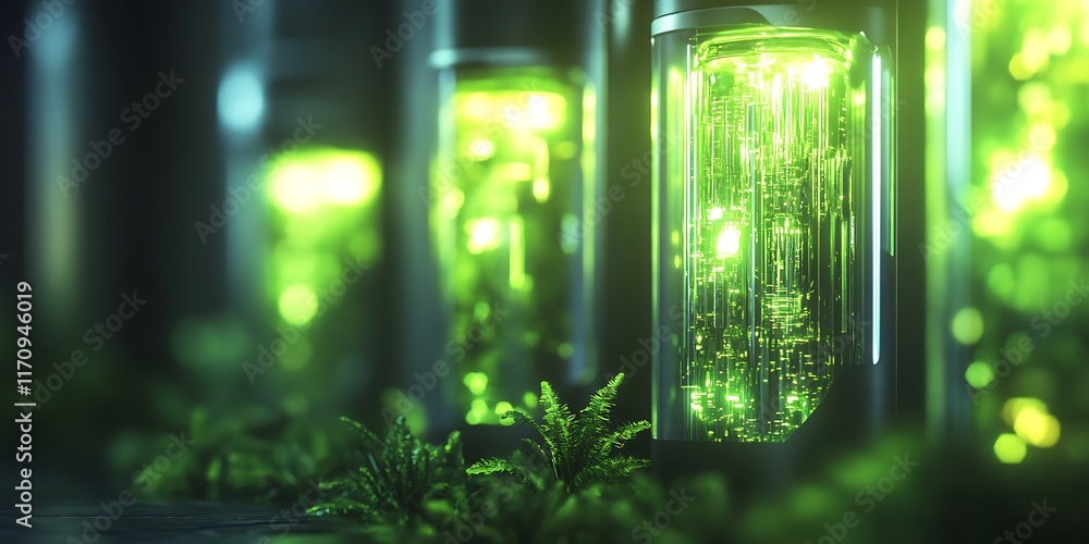 Poster illuminated bioluminescent tanks amidst lush ferns in futuristic science environment : generative ai