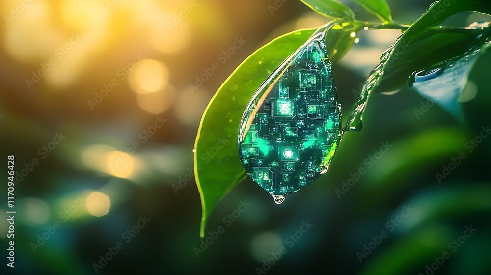 Poster Innovative Digital Circuit Design Encapsulated in a Dew Drop on Leaf at Sunset : Generative AI