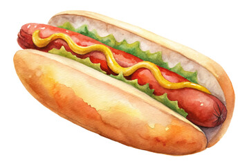 Watercolor hot dog illustration, vibrant colors, delicious toppings, casual dining, summer barbecue, food art.