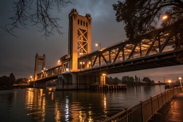 Fototapeta premium Low Light Drawbridge at Night, Moody Atmosphere, Cityscape Reflection