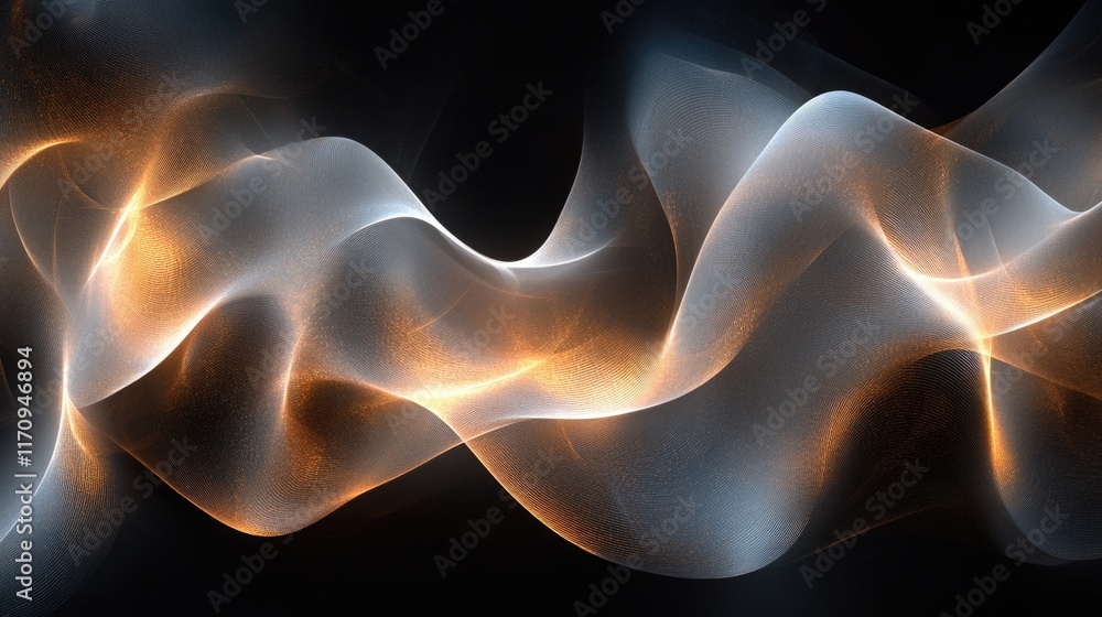 Poster abstract light waves with glowing orange and white patterns on dark background