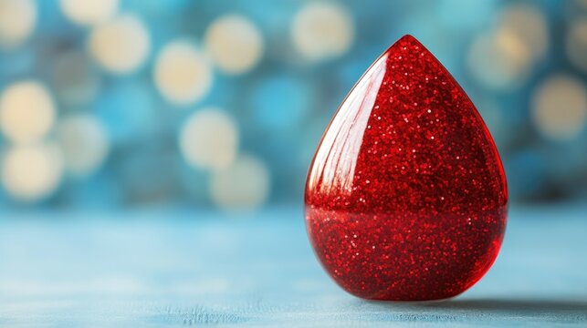 Glittering red teardrop crystal on blue background with bokeh effect