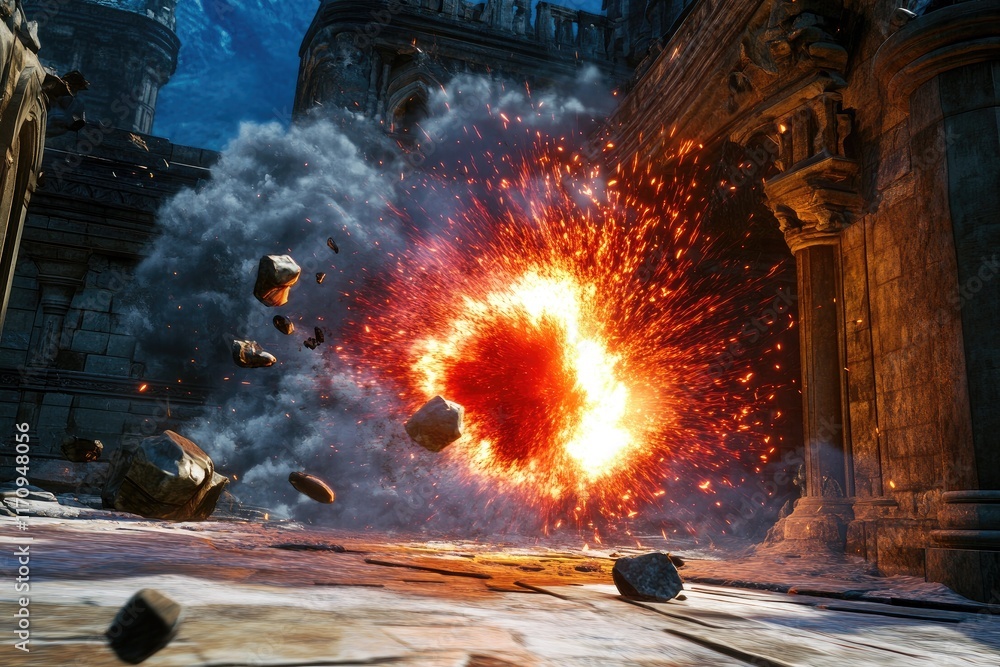 Aufkleber an explosion in a ruined architectural setting, creating dramatic visual effects.