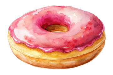 Obraz premium Watercolor donut illustration, pink frosting, delicious dessert, bakery art, food styling, sweet treat design.