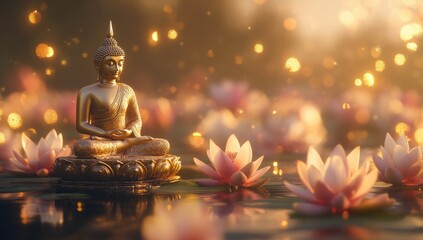 A golden Buddha statue with a glowing lotus flower, set against a background of blurred golden flowers and a natural scene
