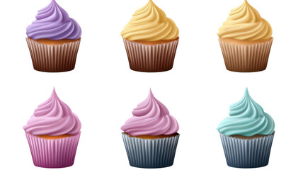Vibrantly Colorful Cupcakes Isolated on White Background for Event Decoration, Baking Blogs, and Dessert Menus Featuring Varied Frosting Designs.