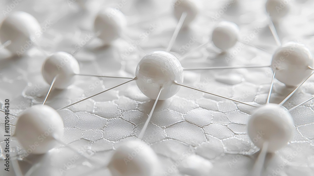Poster abstract network of white spheres connected by thin lines on a textured surface.