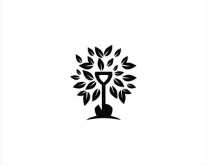 leaf image with black shovel vector illustration logo design