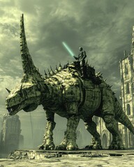 A rider on a massive, armored dinosaur-like creature in a post-apocalyptic landscape.