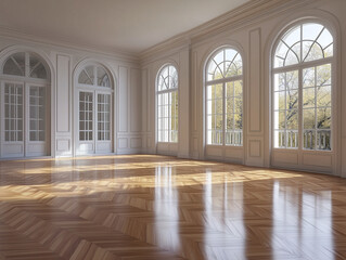 A 3D rendering of an empty room with parquet flooring and large windows provides a serene and spacious backdrop for a variety of design and architectural concepts in stock photography