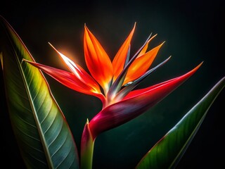 Obraz premium Low Light Red Bird of Paradise Flower, Exotic Night Bloom, Tropical Night Photography