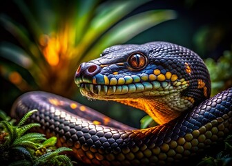 Obraz premium Low Light Reptile Photography: Black Headed Python in Nocturnal Habitat