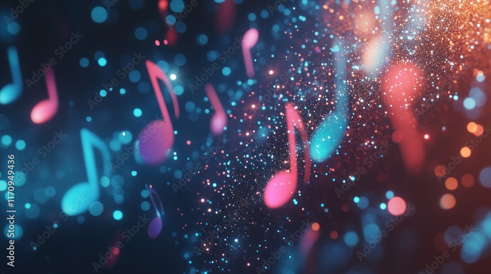 Poster Abstract background with glowing musical notes and particles.