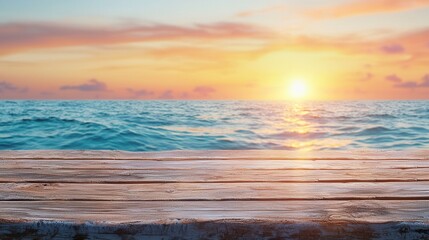 Obraz premium A wooden table with a view of the ocean at sunset