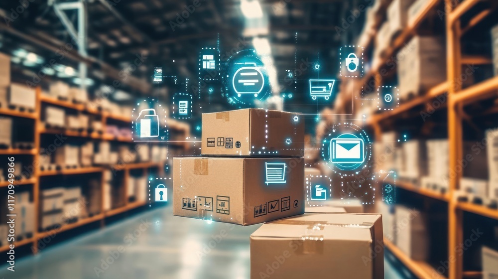 Poster Cardboard boxes in warehouse with digital icons showing online shopping and logistics.