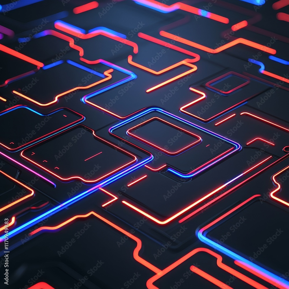 Poster deep progress learning concept. abstract neon circuit design on dark surface