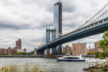 A view across the East river beside the Manhattan bridge in New York, in the fall