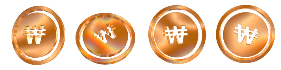 Fototapeta premium Set of 4 3d won coin shapes with golden and rainbow effects isolated on a transparent background. 3d elements for graphic design.