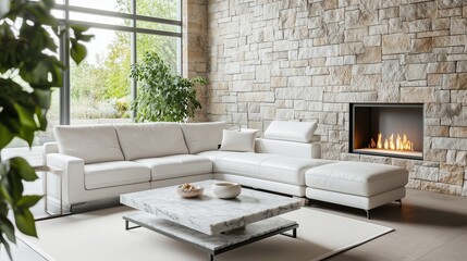 A beautiful modern living room with a stone wall and a cozy fireplace, featuring a white leather sectional, a marble coffee table, and an indoor plant. 