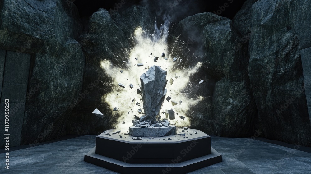 Poster an explosion of light and debris from a central stone structure in a dark cavernous space.
