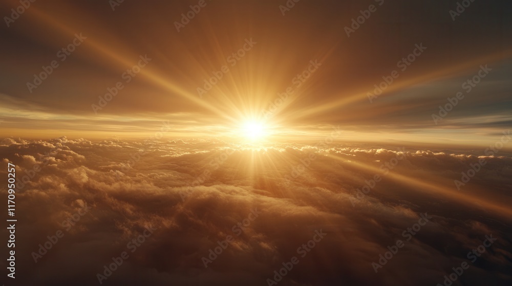 Wall mural a view of the sun shining through the clouds from an airplane window
