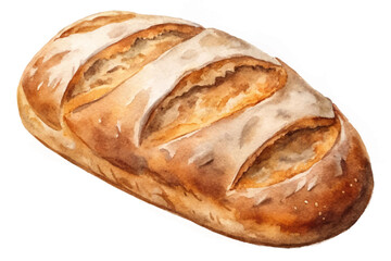 Freshly baked bread, artisan loaf, watercolor illustration, rustic style, food photography, culinary art, bakery product.