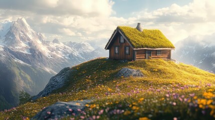 Fototapeta premium Secluded Mountain Cabin with Grass Roof Amidst Alpine Flowers