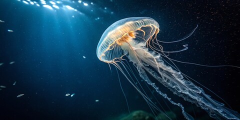 Luminescent Jellyfish Encased in Deep Ocean Sphere - Bioluminescent Underwater Life