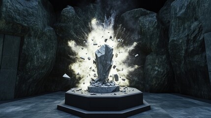 An explosion of light and debris from a central stone structure in a dark cavernous space.