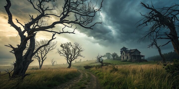 Lugubrious Surreal Landscape: Gloomy Sky, Twisted Trees, Eerie Fog