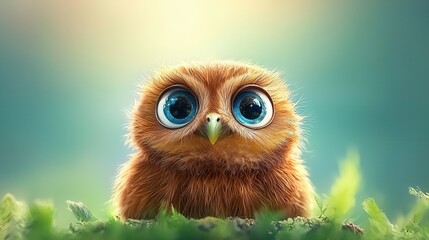 Obraz premium A small brown owl with big blue eyes sitting in the grass