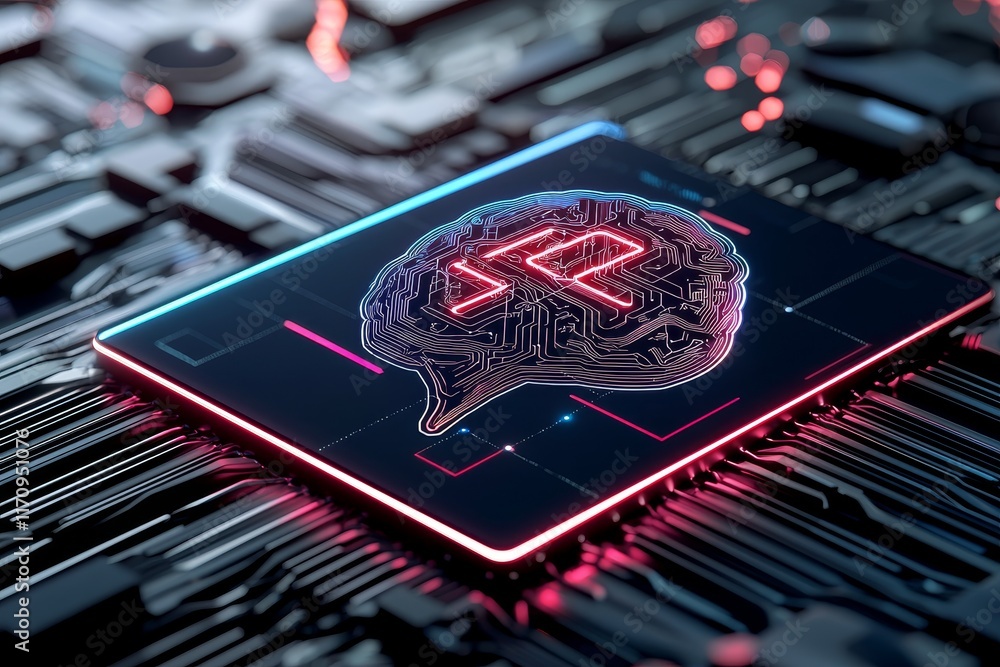 Poster artificial trend system concept. digital brain design on a circuit board background.
