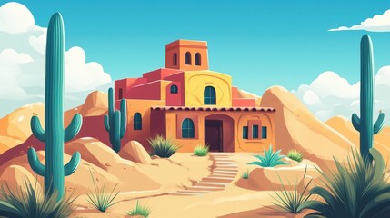 Desert House Amidst Cacti And Sand Dunes