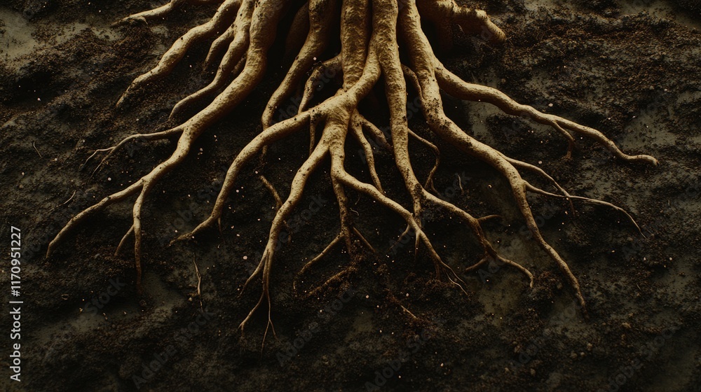 Poster close-up view of tree roots emerging from dark soil, showcasing natural textures and patterns.