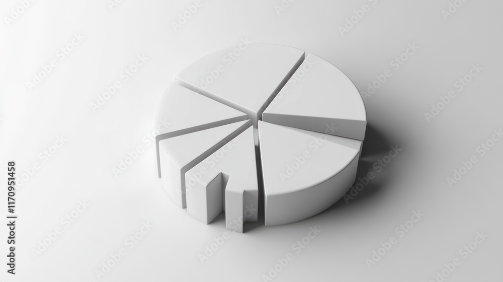 Poster 3d render of a simple white pie chart with six segments, isolated on white background.