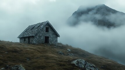 Stone Mountain Hut In Foggy Landscape