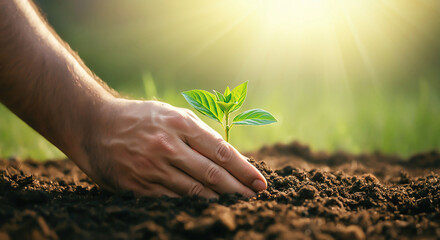 A man hand planting a small green plant in rich soil, care for the environment, with warm sunshine. Concept of environmental conservation and global warming reduction