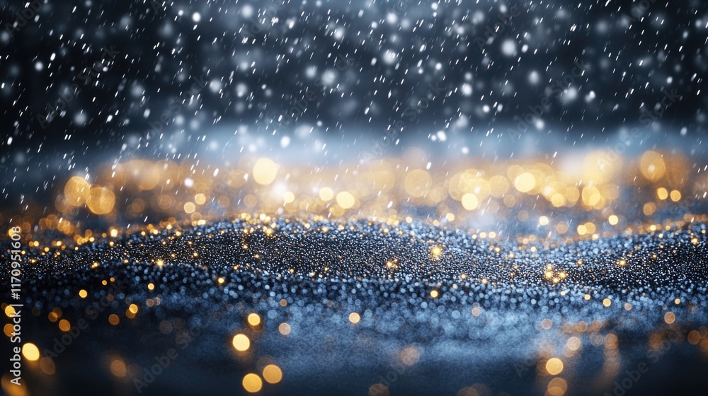 Poster glittering abstract bokeh lights on a dark background with falling snowflakes