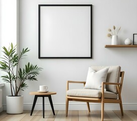 A minimalist living room with a large black frame on the wall, a beige armchair, and a wooden shelf with decorative items