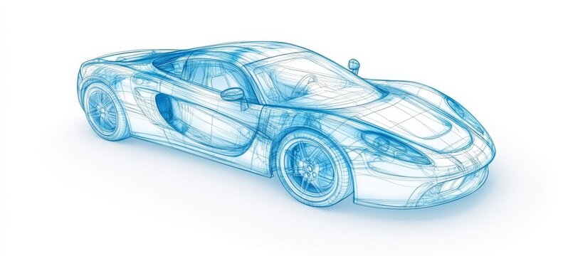 Conceptual Transparent Low Poly Sports Car Chasis Blueprint Illustration in Blue Tones on White