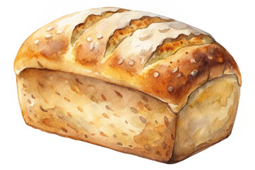 Freshly baked bread, watercolor illustration, golden crust, soft interior, artisanal loaf, food art, culinary design.