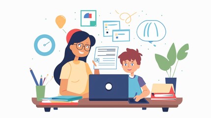 Educational Lesson: Boy Learning with Mother or Tutor