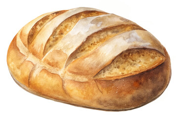 Freshly baked bread, watercolor illustration, artisanal loaf, golden crust, rustic style, food art, culinary design.