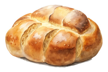 Freshly baked bread, golden crust, watercolor style, food illustration, bakery product, culinary art.