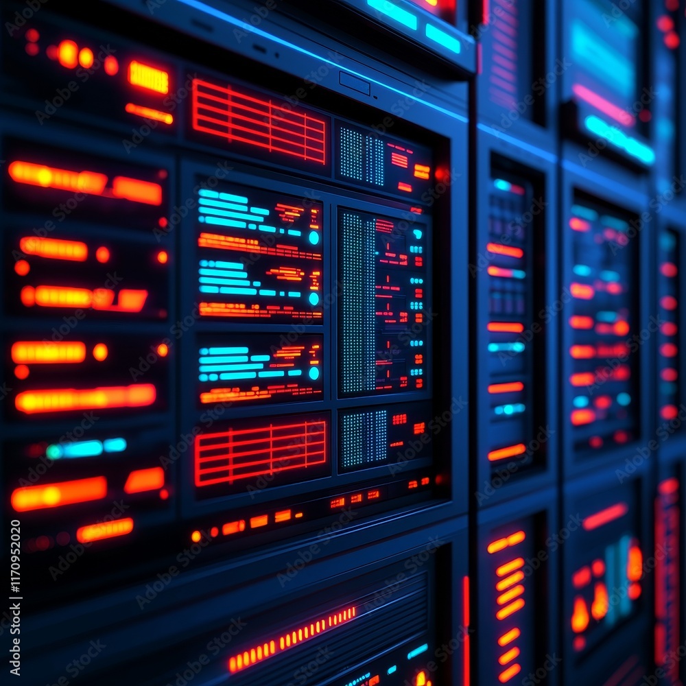 Poster deep tools for ai concept. futuristic server room with glowing screens and data displays.