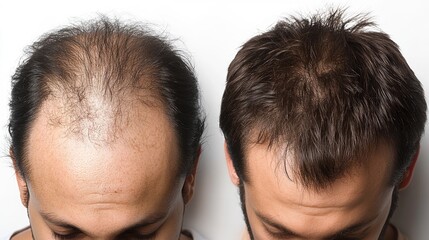 Before and after hair restoration on young caucasian men